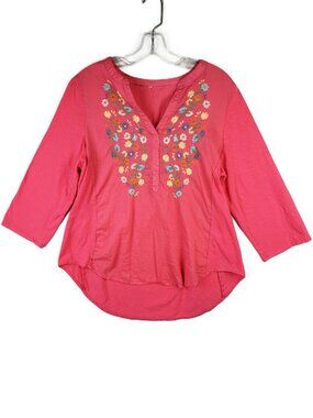 Bohemian Embroidered Blouse Top Tunic Floral V-neck Coral Pink size XL Peasant